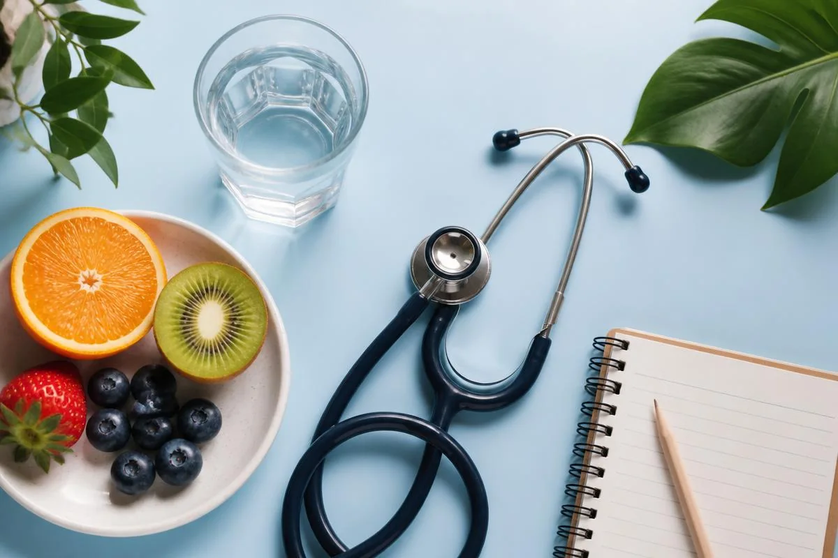 Frutas, água e estetoscópio representando prevenção e bem-estar